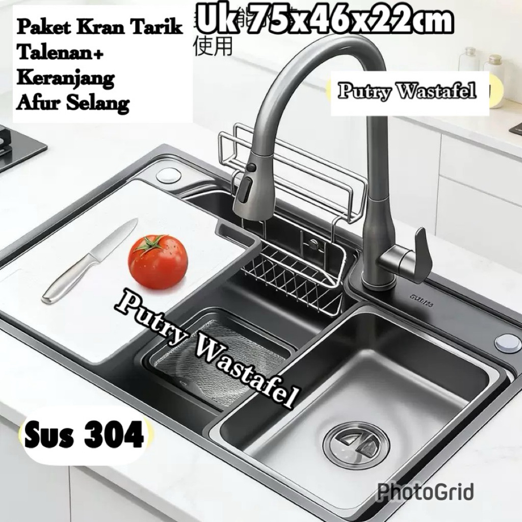 Sink Luxury Promooo Sale Paket Komplit Bak cuci piring sus 304 uk 75x46cm Grey dan satin kitchen sink/wastafell/stainless 304 set talenan stainless bak cuci termurah sejabodetabek kitchen sink Viral sus 304 kran angsa tarik bak cuci murah sink modern