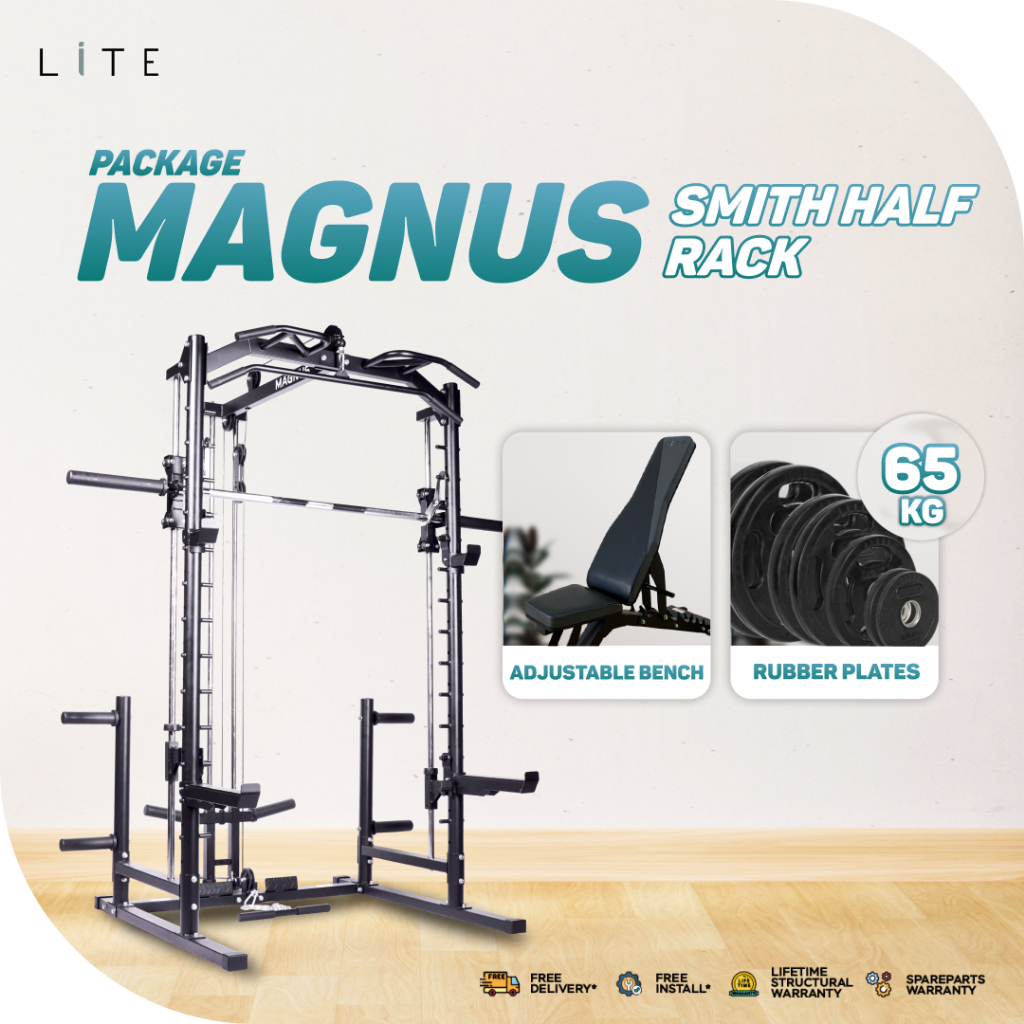 Jual MAGNUS Smith Half Rack dengan Adjustable bench dan Rubber plates ...
