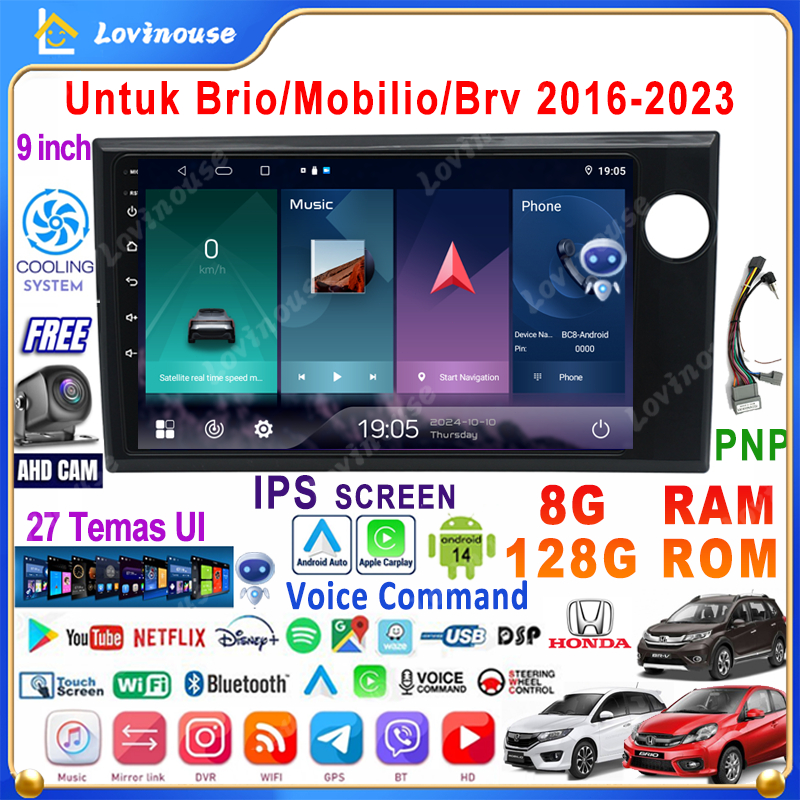 Untuk Honda Brio/Mobilio/Brv 2016-2023  8G+128G Android 14 Head Unit Termasuk Frame/PNP Soket 9 Inch