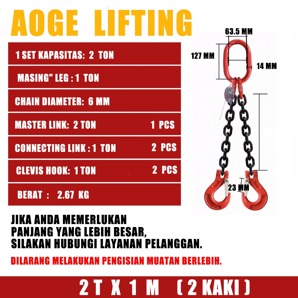 Jual AOGE Chain Sling 2 Legs /2T/3T/5T/6.4T/8T/10T/11.4T Rantai 1-2-4 ...