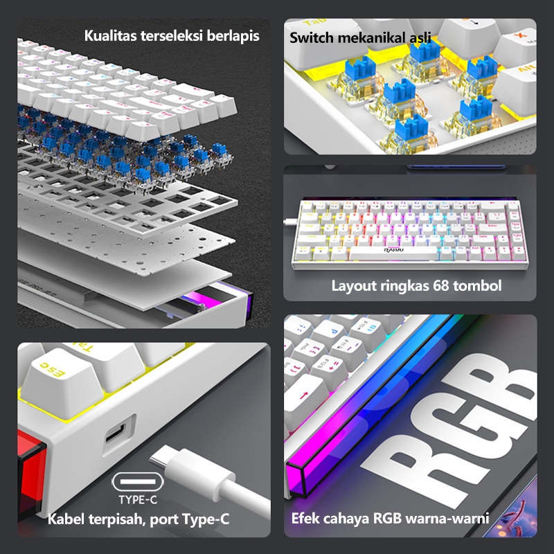 Jual JUTU Putih Keyboard Mini keyboard Mekanis 68 Tombol keyboard ...