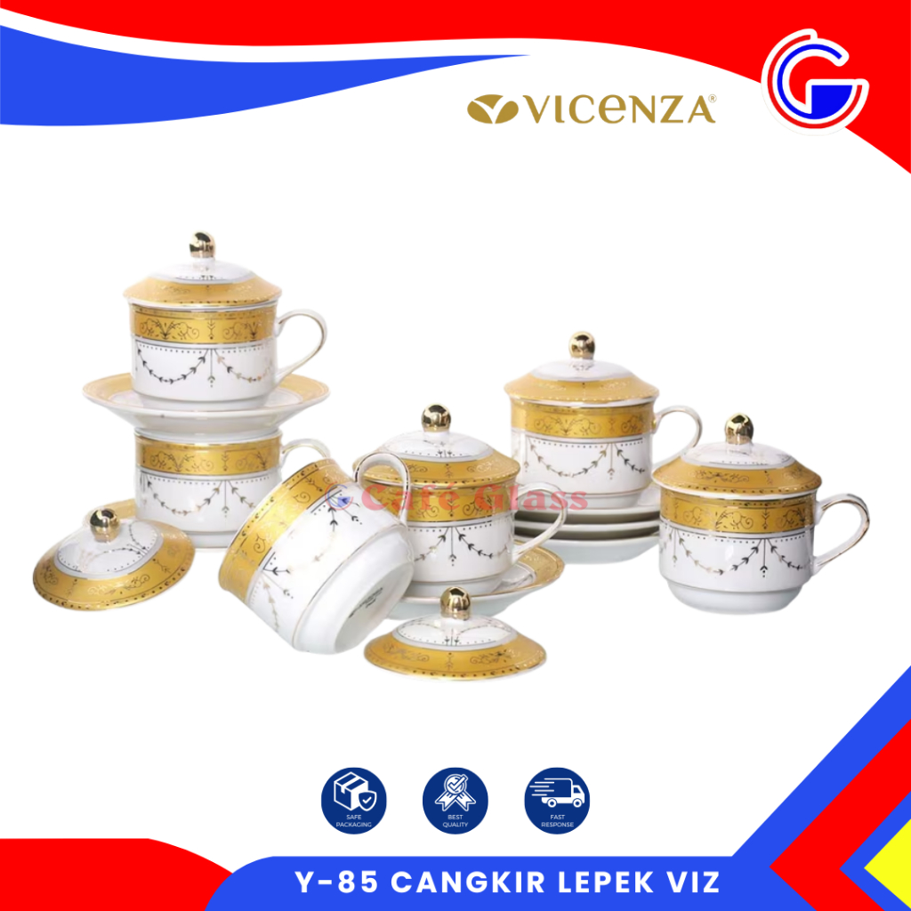 Vicenza Tea Set Keramik 6 Cangkir 6 Lepek 6 Tutup Y85 Lily Padi - Hampers Lebaran Wedding Gift Box Pecah Belah