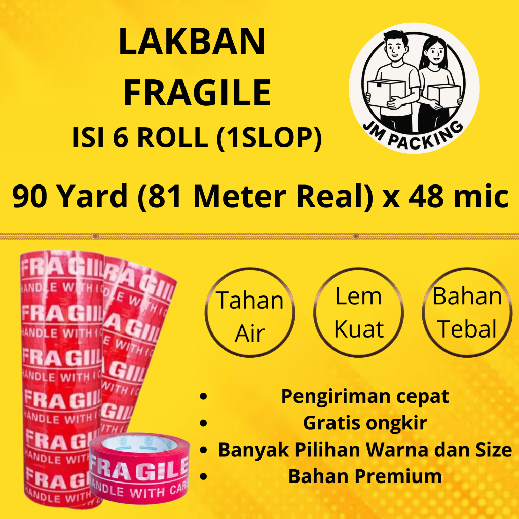 Jual Lakban OPP Tape / Lakban Fragile merah JM Packing 90 Yard (REAL ...