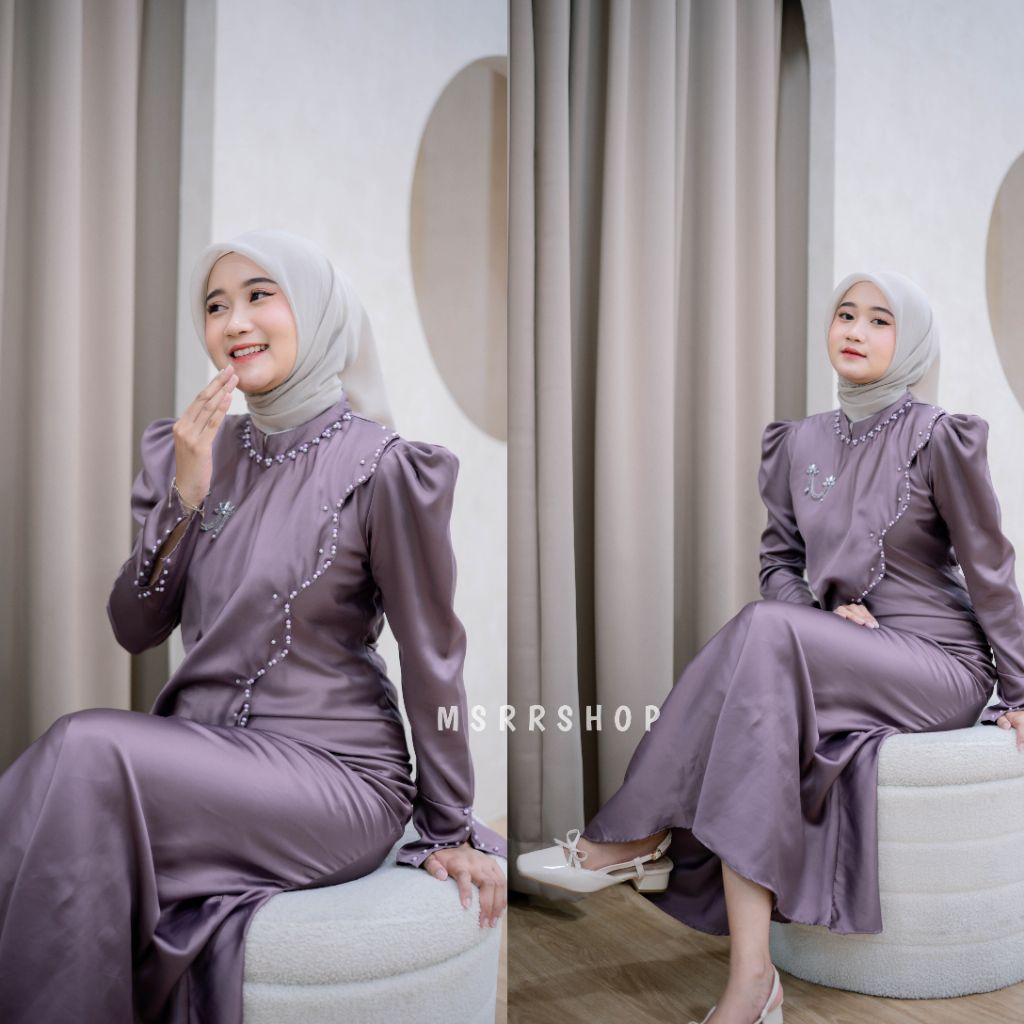 Alena Dress Satin Silk Premium Wanita Kondangan Muslim Body Fit Gamis Bridesmaid Baju Lamaran Pesta