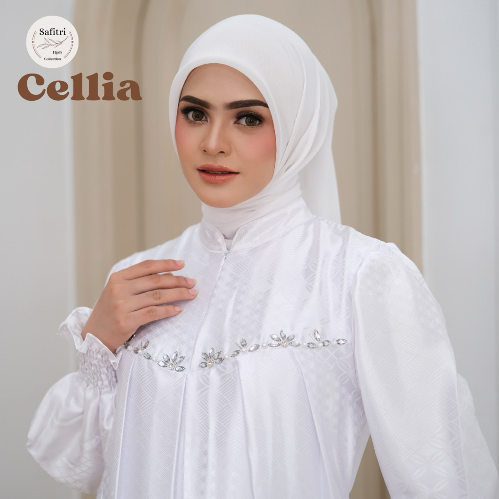 CELLIA DRESS Gamis Bahan Silk Jacquard Premium Putih Hitam Nyaman Umroh Manasik Haji Ihram Full Furing Lebaran Kondangan Resleting Busui Nyaman Pesta Kajian Majlis Mewah Saku Tebal Manik Payet Manik Satin Embos Muslimah Fashion Wanita by Safitri Fashion