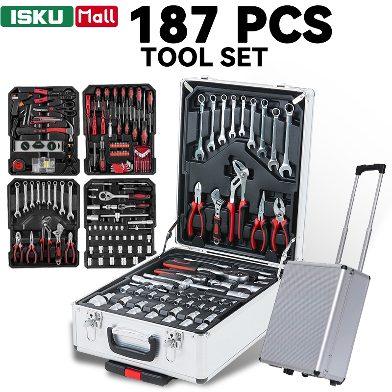 ISKU Tool Set 187 Pcs 121 Pcs Kunci Sok Set CR-V Mechanic Tool Kit Koper Trolley Komplit Alat Bengkel Motor Mobil Kunci Ring Pas Ratchet Shock Wrench Perkakas Rumah Tangga Tukang Set Kunci Soket Lengkap Heavy Duty Kunci Filter Oli Busi Obeng Tester