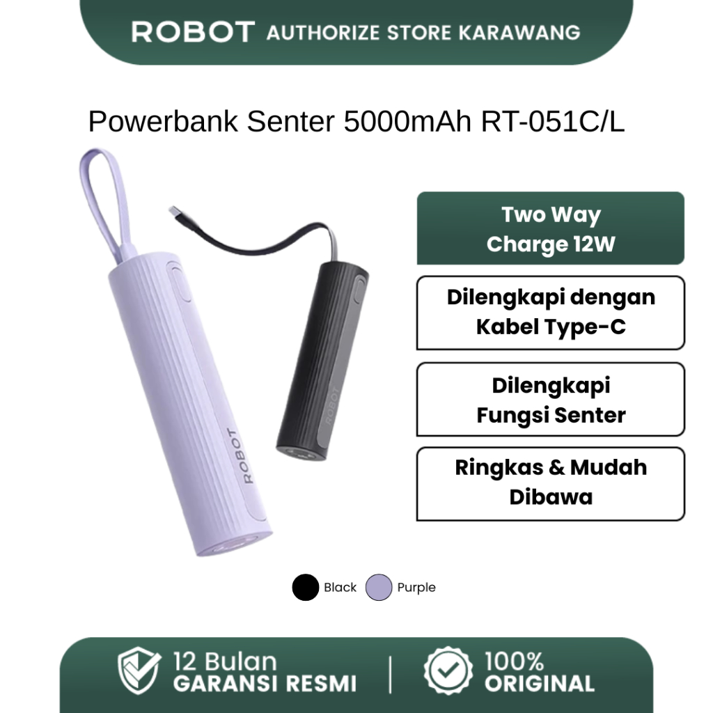 ROBOT Powerbank Mini 5000mAh Portable Fast Charge Type-C Cable & Port With Power bank Flashlight Function Travel Size RT051-C/L Original - Garansi 1 Tahun