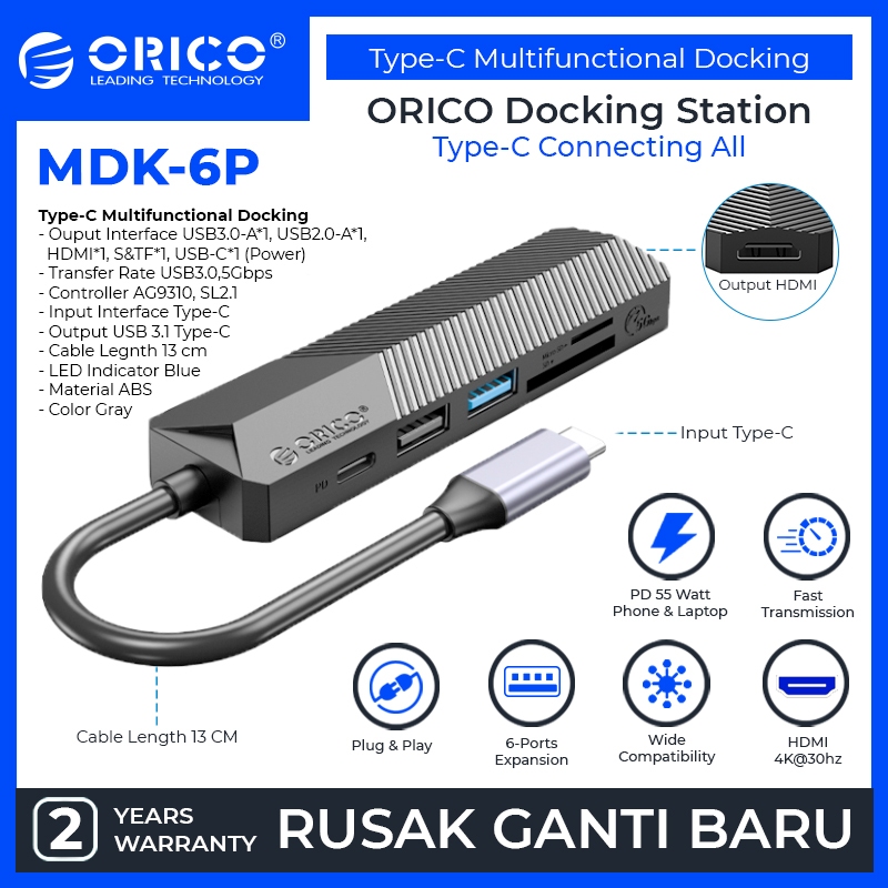 Orico MDK-6P Docking Station USB-C Hub Multiporta - Adattatore Con HDMI, USB, SD, Per Laptop E Tablet