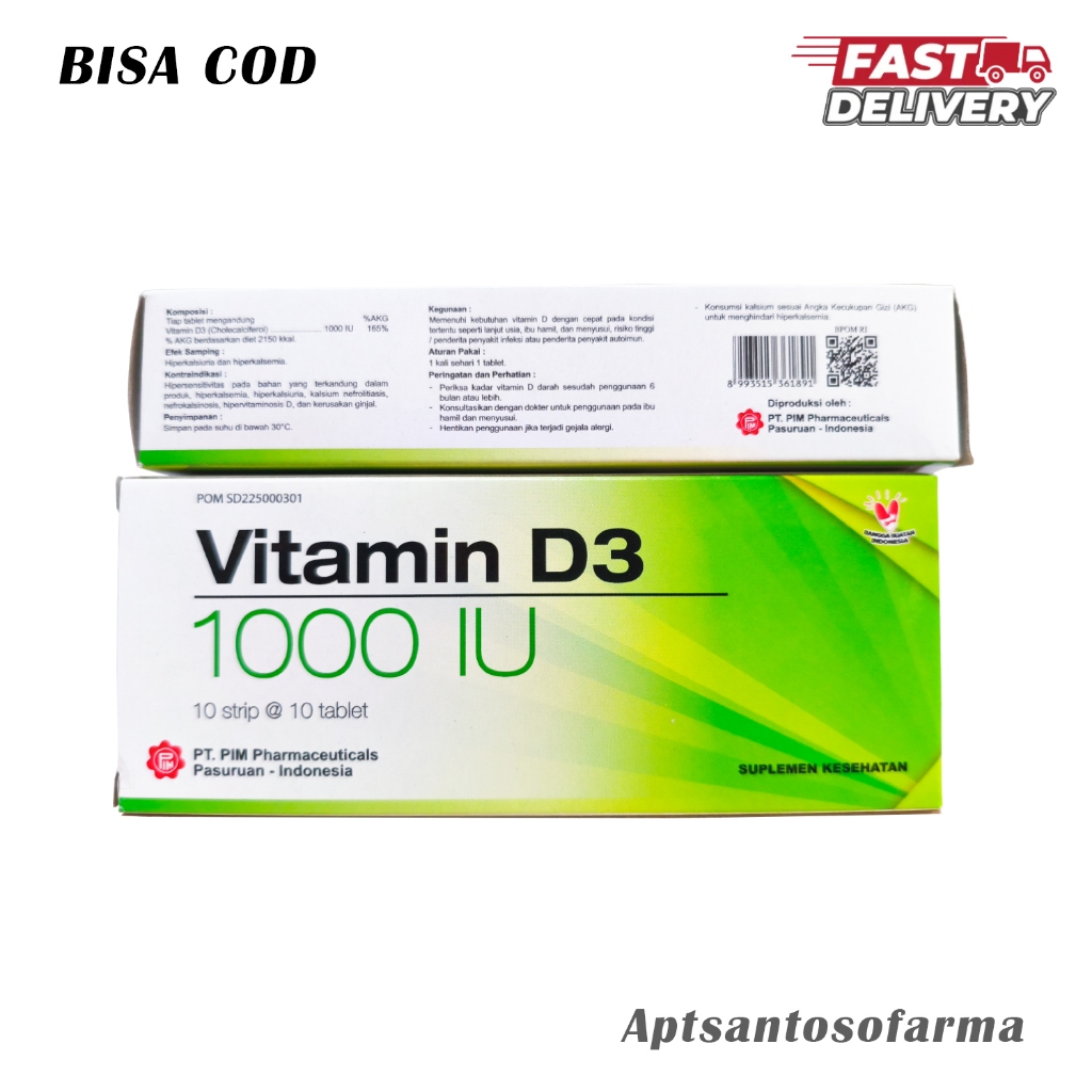 Jual Vitamin D3 1000 IU PIM Isi 100 Tablet/Box | Suplemen Vitamin D3 ...