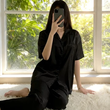 Setelan Satin Wanita Lengan Pendek Celana Panjang Korea Premium Piyama Cardigan