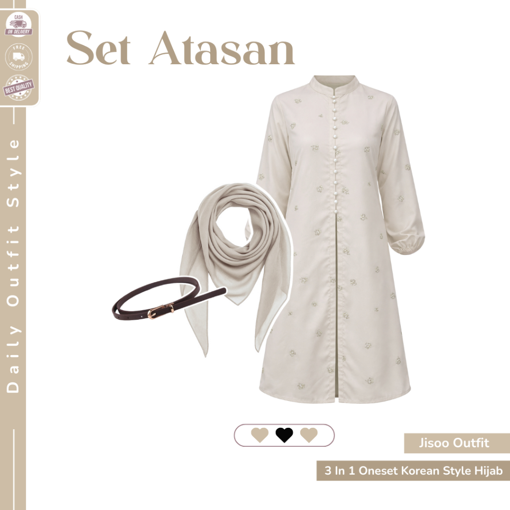 Setelan muslim wanita hijab tunik celana warna cream elegan outfit harian syari modern