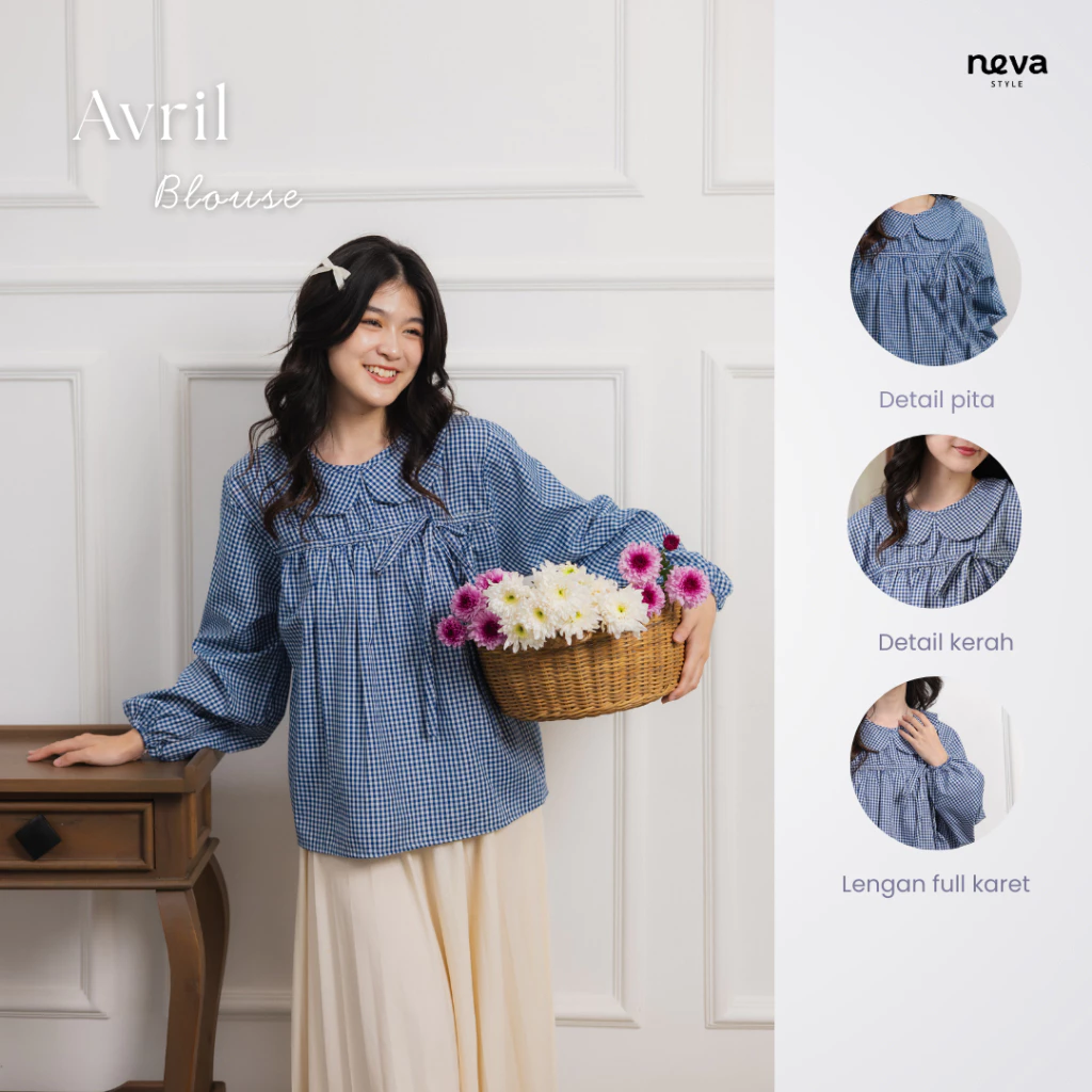 Neva Style - Avril Blouse Ruffle Motif Kotak - Kotak / Blouse Wanita Lengan Panjang / Atasan Cewek Casual Modis Fashionable Outfit Simple dan Kekinian
