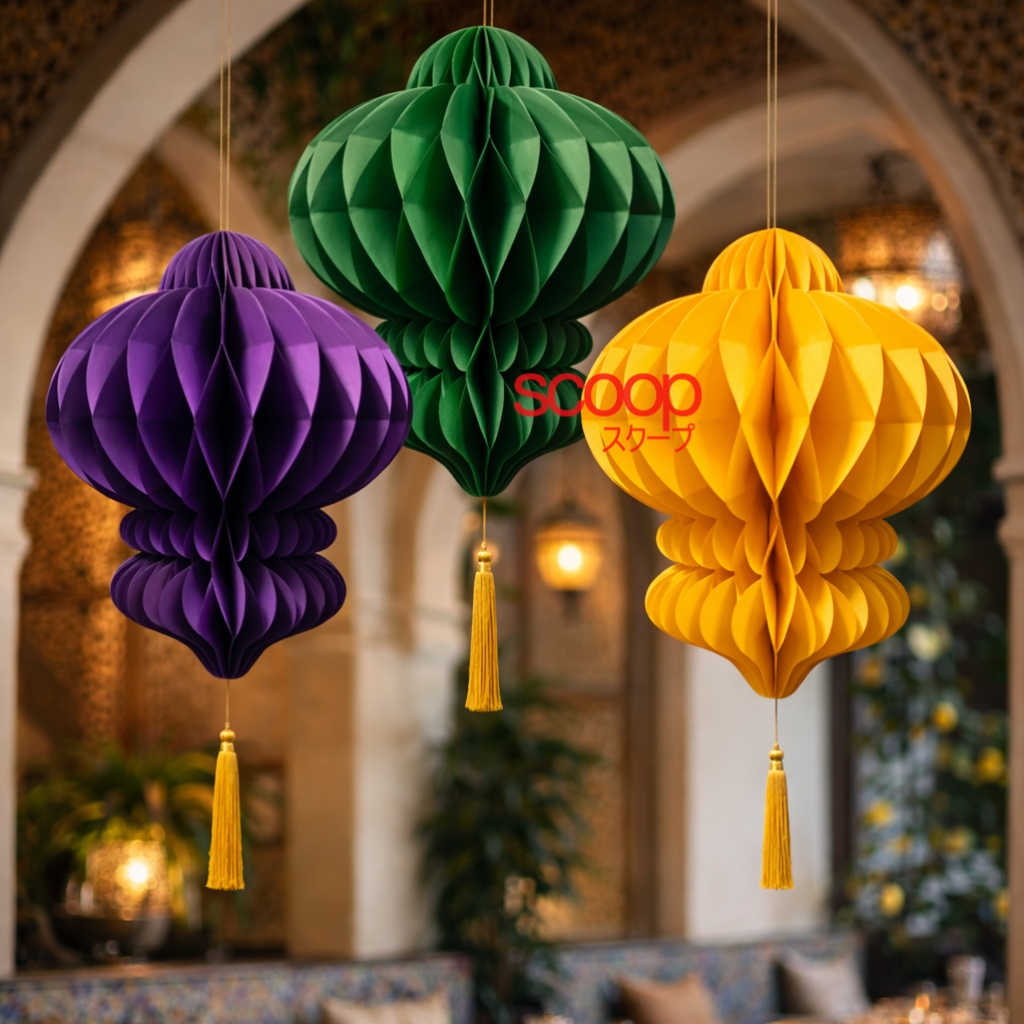 Scoop Dekorasi Lebaran Lampion Lentera Lipat Idul Fitri Hijau Ungu Kuning 39cm 76081000