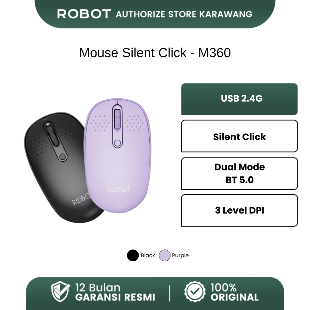 Jual ROBOT Mouse Gaming Silent Click M360 Dual Mode Bluetooth 5.0 ...