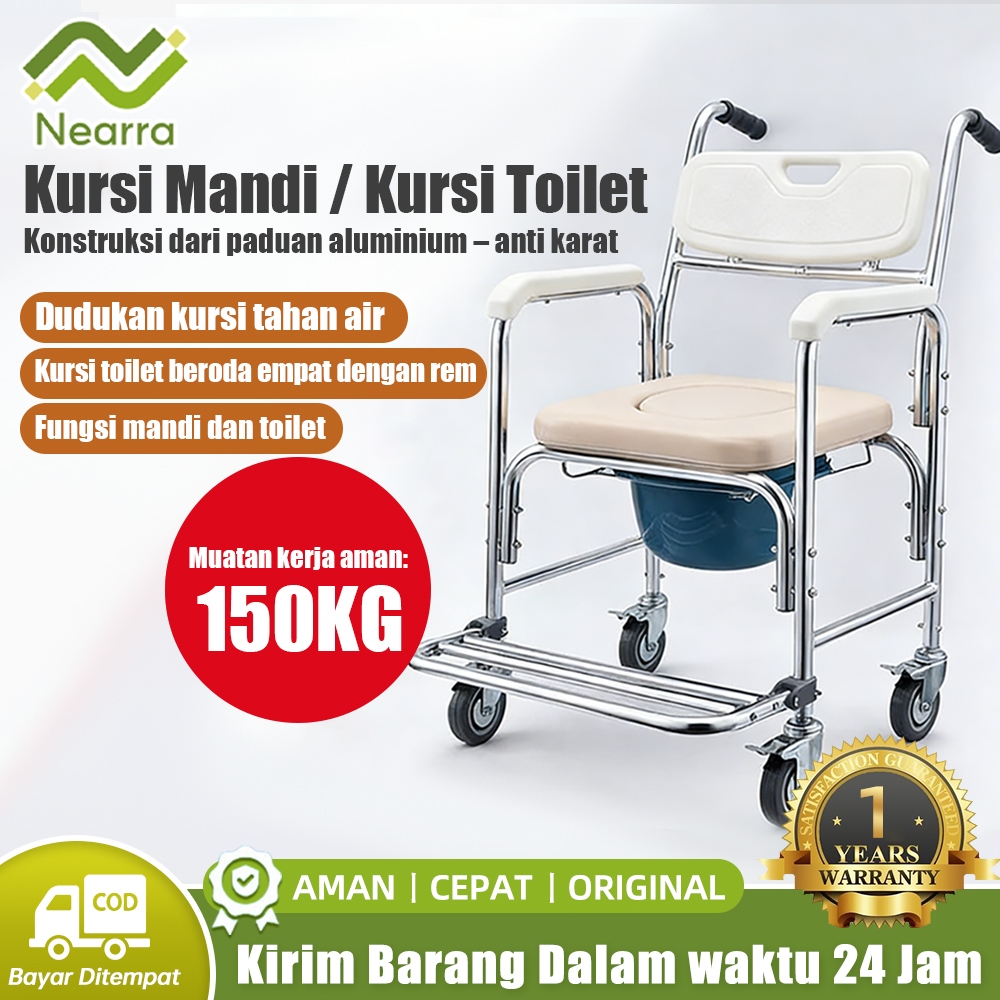 Kursi Toilet Multifungsi untuk Lansia/Pasien – Kursi Toilet Lipat dengan Fungsi Kursi Roda Darurat Kursi Mandi dari Bahan Paduan Logam