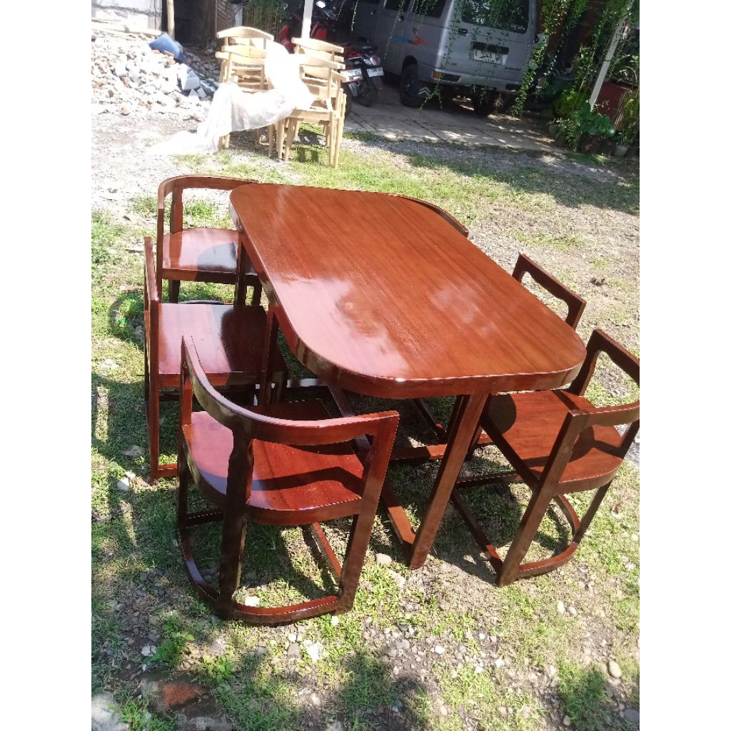 Meja Oval Makan Minimalis Kayu Jati Tamu - foto 2