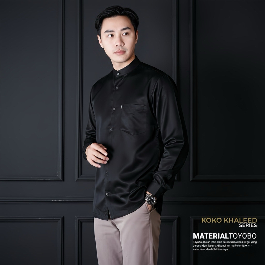 Baju Koko Pria KHALEED Lengan Manset Elegant Kombinasi Kancing Material Toyobo Premium Simpel Elegan