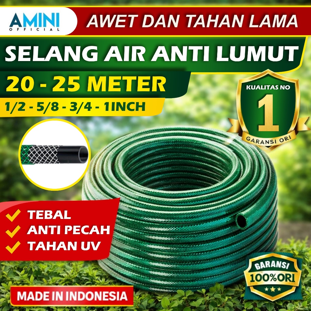 Selang Air 20 Meter dan 25 Meter 1/2 5/8 3/4 1 Inch Selang Air Serat Benang Anti Lumut Tebal 2 mm Selang Hijau Alat Cuci Motor Mobil Siram Tanaman dan Kebun