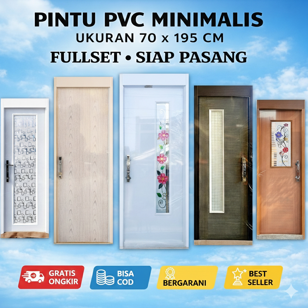 Pintu Kamar Mandi PVC Minimalis 70x195 Premium | Pintu WC Plastik Tebal Terlaris