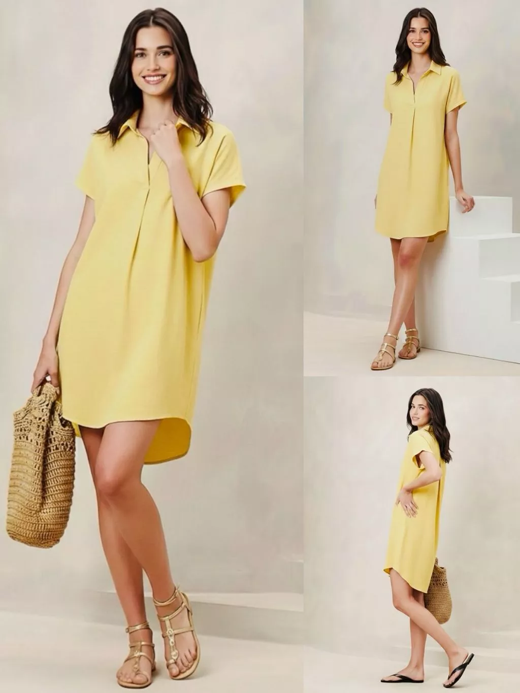 Dress Casual Wanita Bahan Linen-Blend Adem Stylish  Women's Linen-Blend Popover Mini Dress - 9936