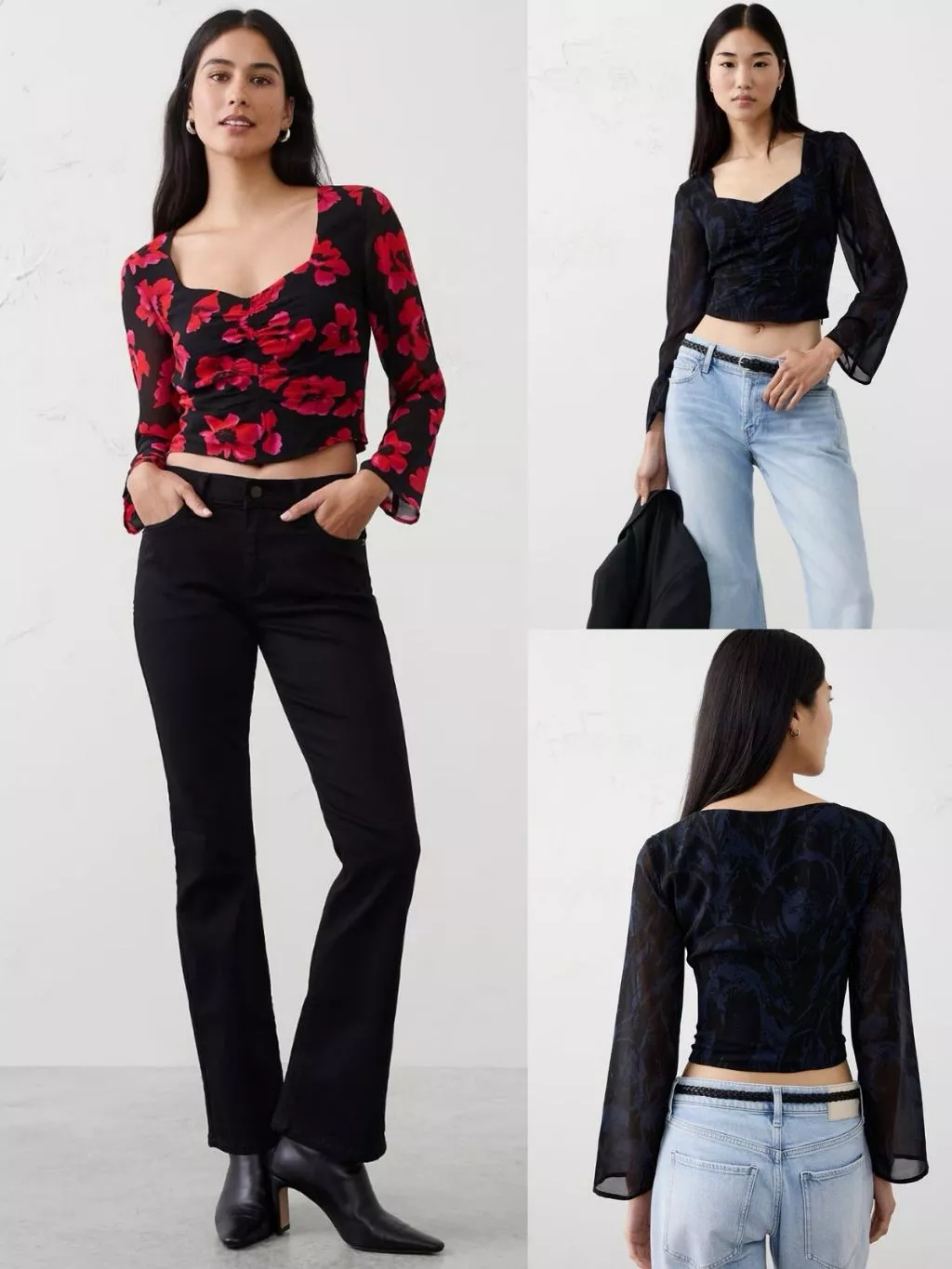 Atasan Lengan Panjang Wanita Model Crop dengan Detail Kerutan Stylish  Women's Cropped Shirred Sweetheart-Neck Top - BR-9937