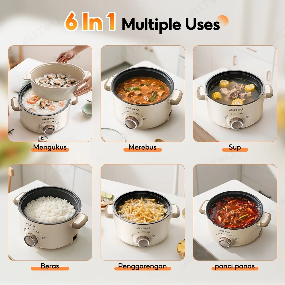 ALLTOU Panci Listrik Serbaguna 2.5L/5L Multifungsi Steamer Panci Listrik Serbaguna Anti Lengket - foto 1