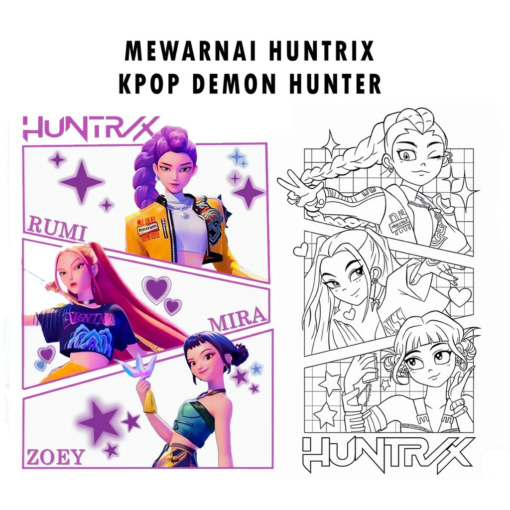 Jual 15 Lembar A5 | Kertas Mewarnai tema Huntrix : Kpop Demon Hunter ...