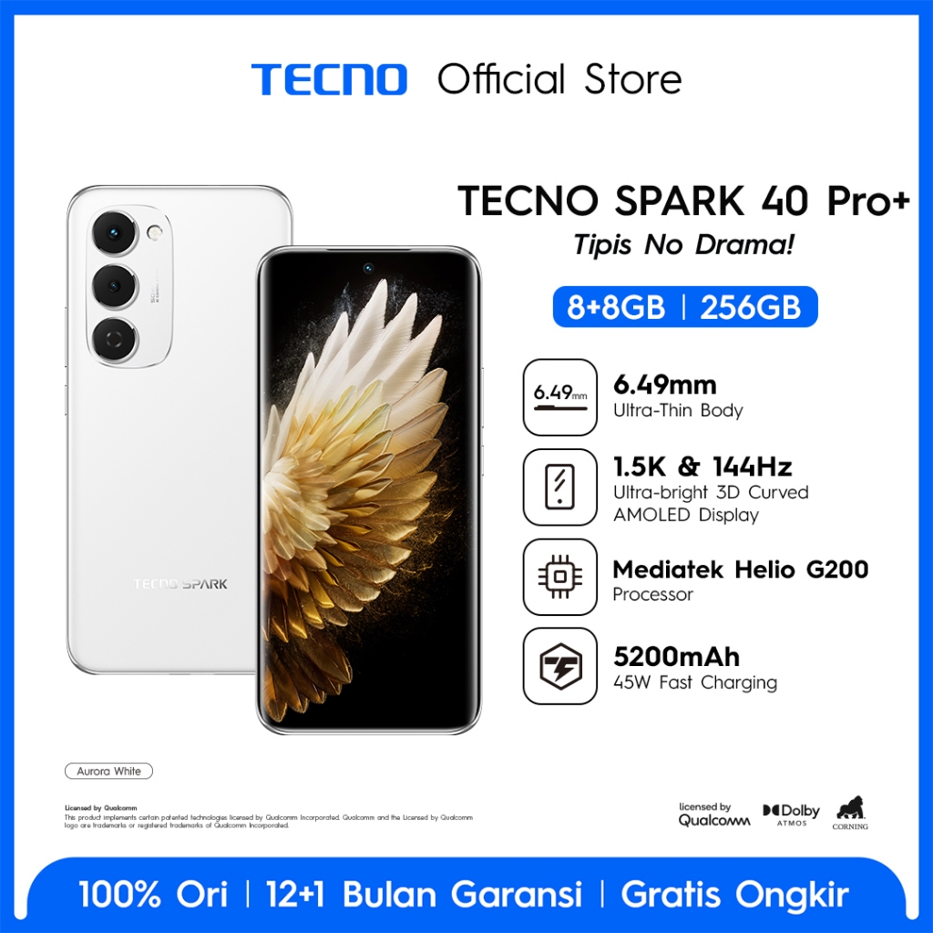 Jual TECNO SPARK 40 Pro+ 8+8GB*/256GB, Mediatek Helio G200, 30W
