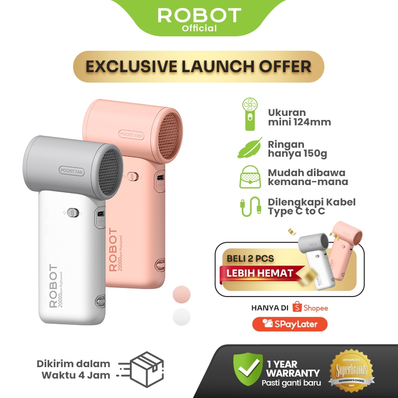 [SPECIAL LAUNCH] ROBOT Kipas Angin Mini Portable 3600mAh Genggam Powerful Handheld Mini Fan Grey 20000RPM Led Indicator RT-HF04 Original - Garansi 1 Tahun