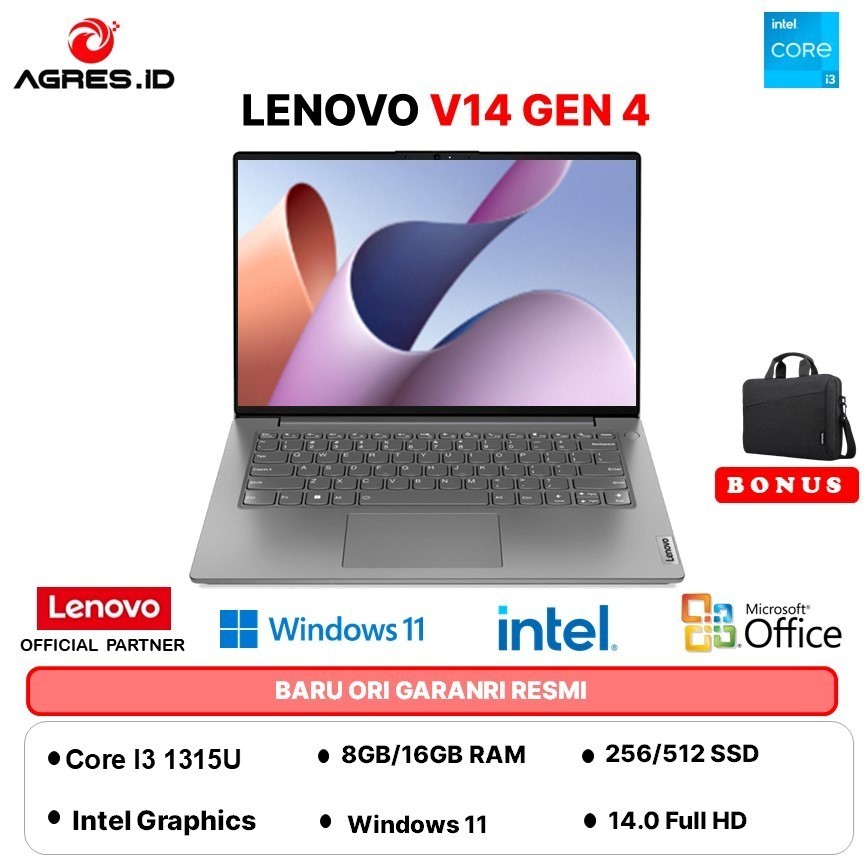 NEW LENOVO V14 G4 I3 1315 RAM 16GB 512GB W11+OFFICE PERMANEN 2Y  GRY -NKID