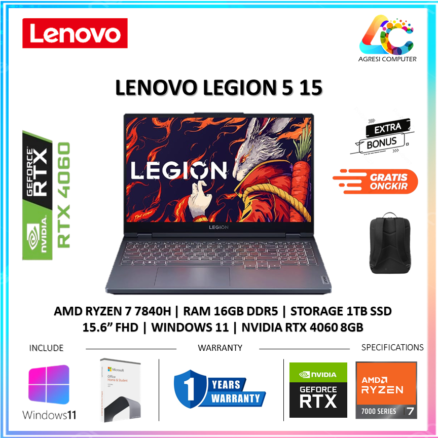 Jual Lenovo Legion 15 Ryzen 7840Hs RTX4060 8GB/ 16GB 1TB W11+