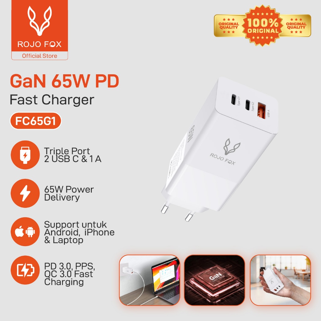 Jual ROJO FOX GaN Charger 65W PD Fast Charging 2C+1A untuk MacBook ...