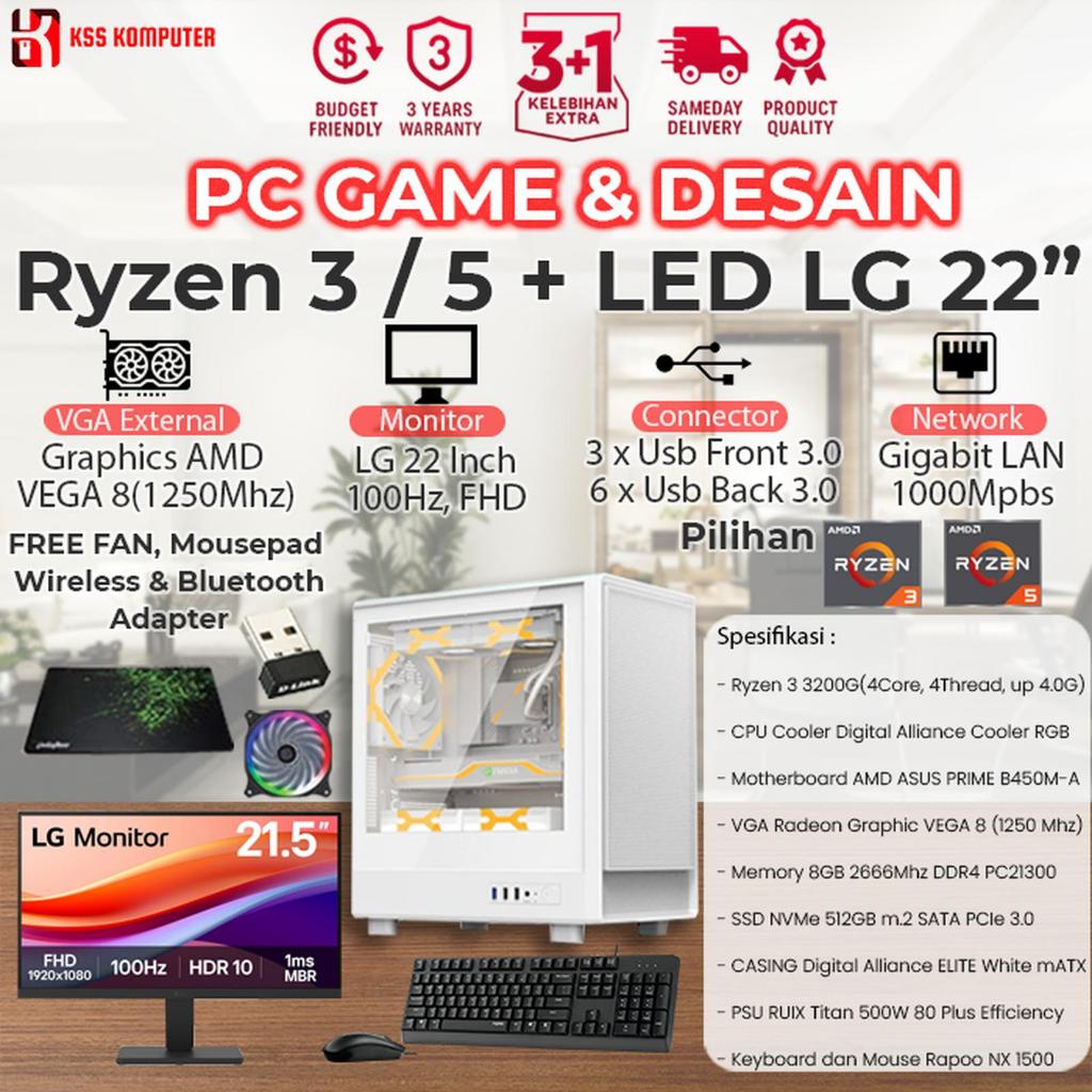 Jual [Baru] Komputer/PC AMD Ryzen 3 / 5 + NVMe 512GB + Monitor LG 22 ...