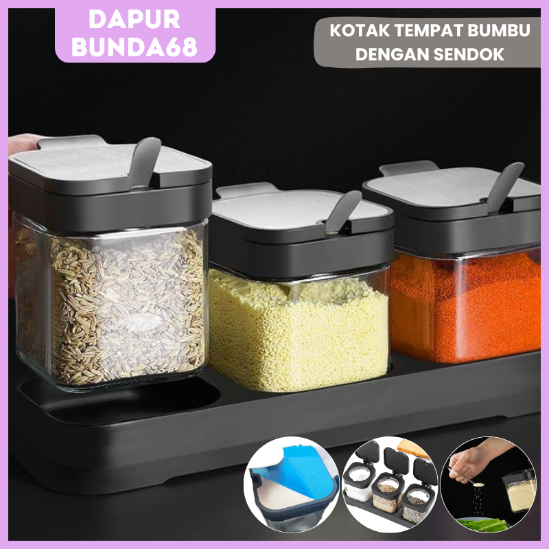 Jual DB68 Kotak Tempat Bumbu Dapur Gelas Dengan Sendok / Square Glass ...