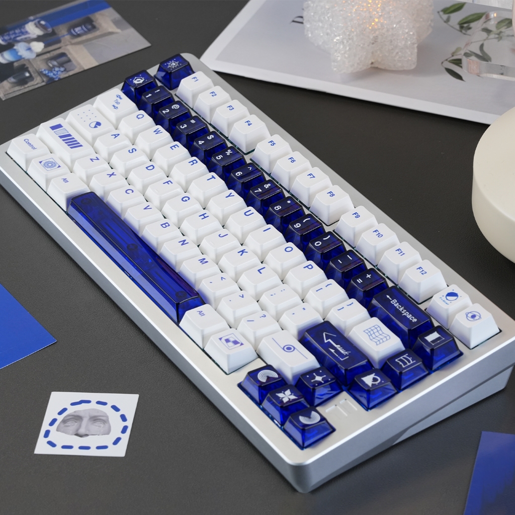 Jual Geometri Keycaps Putih Biru PBT+PC Cherry Profile Seperti keramik ...