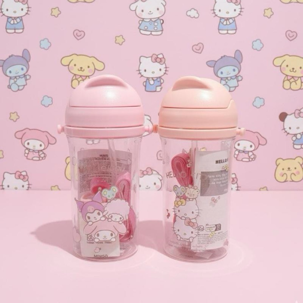 MINIS0 Sanrio Characters Party Series Plastic Bottle with Straw snd  Shoulder Strap (400mL)