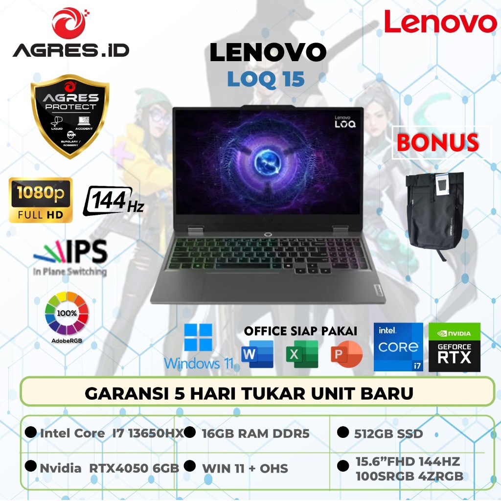 Lenovo LOQ 15IRX9 Intel  I7 13650HX RTX4050/6GB Ram 16GB 512GB Win 11 OHS M365B 144HZ 100Srgb