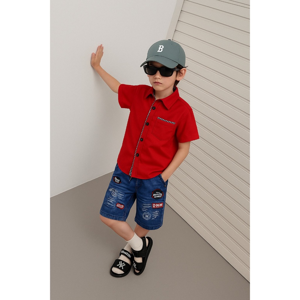 Jual Stelan Kemeja Merah Polos+Celana Jeans Biru Pendek Anak Laki-Laki ...