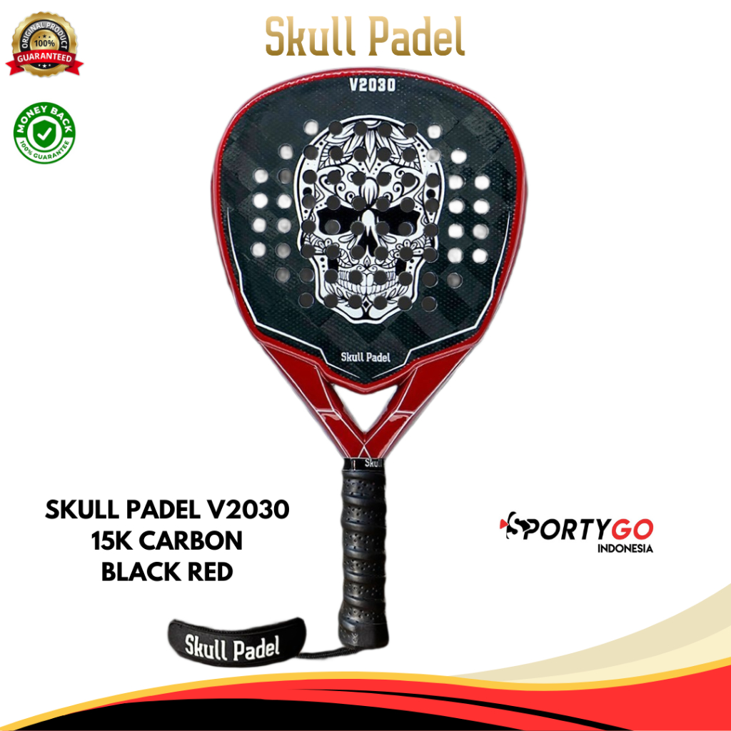 Jual Padel Racket SKULL PADEL V2030 15K Carbon Black Red | Raket Padel ...