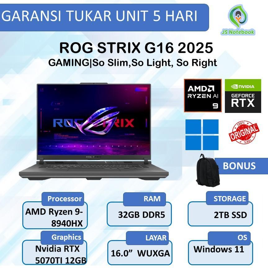Jual ASUS ROG STRIX G16 G614PR RYZEN 9 8940HX RTX5070TI 12GB/ 16GB 1TB ...
