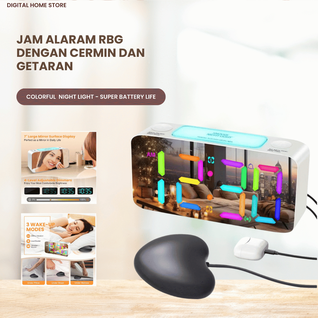 Jual Jam Alarm Digital RGB LED Multi-fungsi [BQ-2020] Dengan Cermin ...