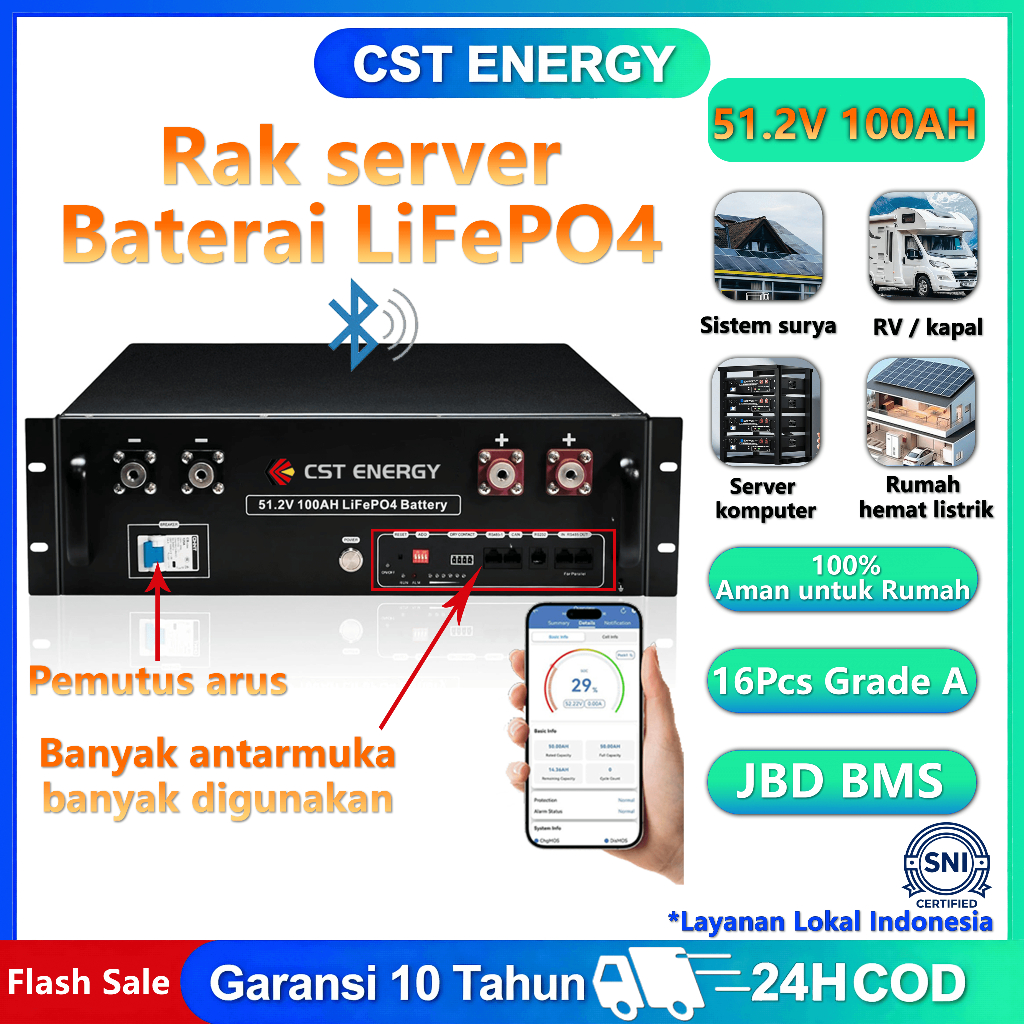 Jual CST LiFePO4 battery 51.2V 100ah baterai surya JBD pintar BMS 16S ...