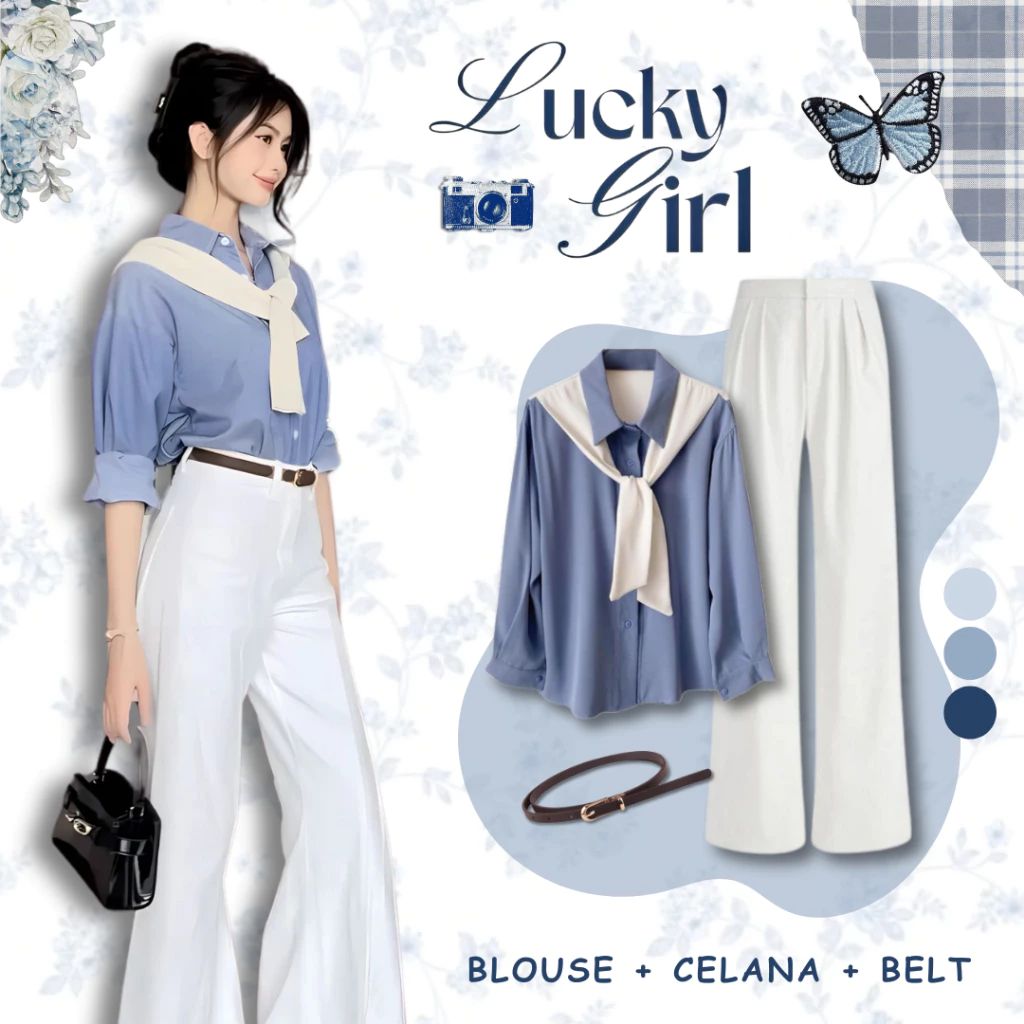 Outfit One Set Old Money Korean Style | Kemeja Sailor Wollycrepe Biru + Loose Pants Jennie Knit BW + Belt | 3in1 Setelan Wanita Kekinian Casual Classy Elegant Kerja Ngampus Kantoran - UC26