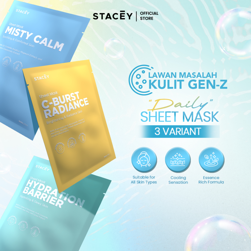 [BUNDLE] Stacey Sheet Mask Triple Care - Skincare Wajah | Brightening - Mencerahkan & Meratakan Skin Tone | Hydrating - Melembapkan & Perbaiki Skin Barrier | Calming - Soothing untuk Redness & Sensitive Skin | Cooling Sensasion | For All Skin Type