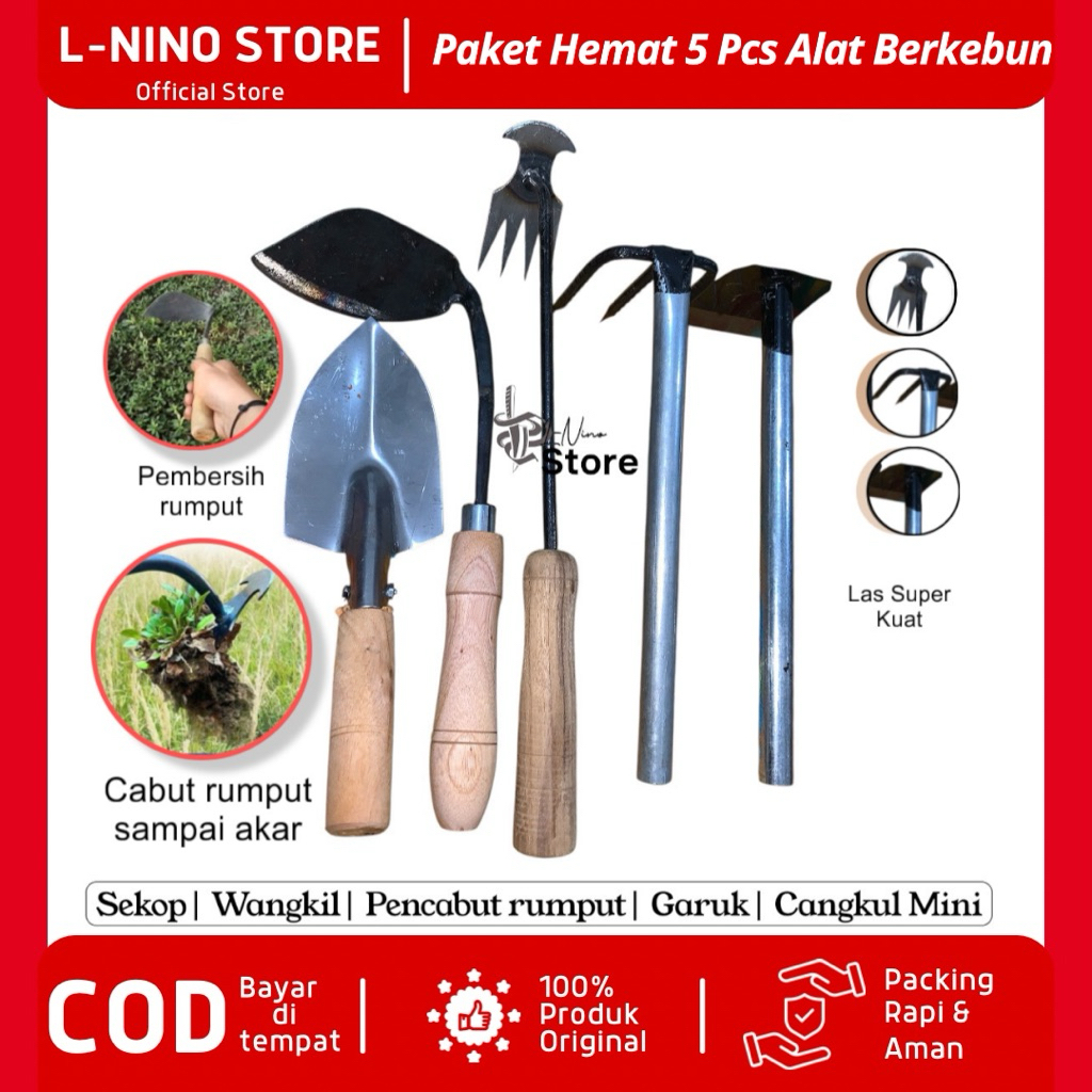 Paket Alat Berkebun Isi 5 pcs ORIGINAL L-NINO/ Set Alat Kebun Cangkul Garuk Sekop Ubur ubur Kored iras