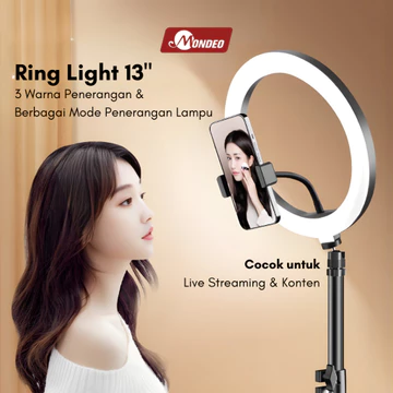 Ring Light 13 MONDEO – 3 Mode Warna Stand Holder HP Untuk Live Streaming Konten