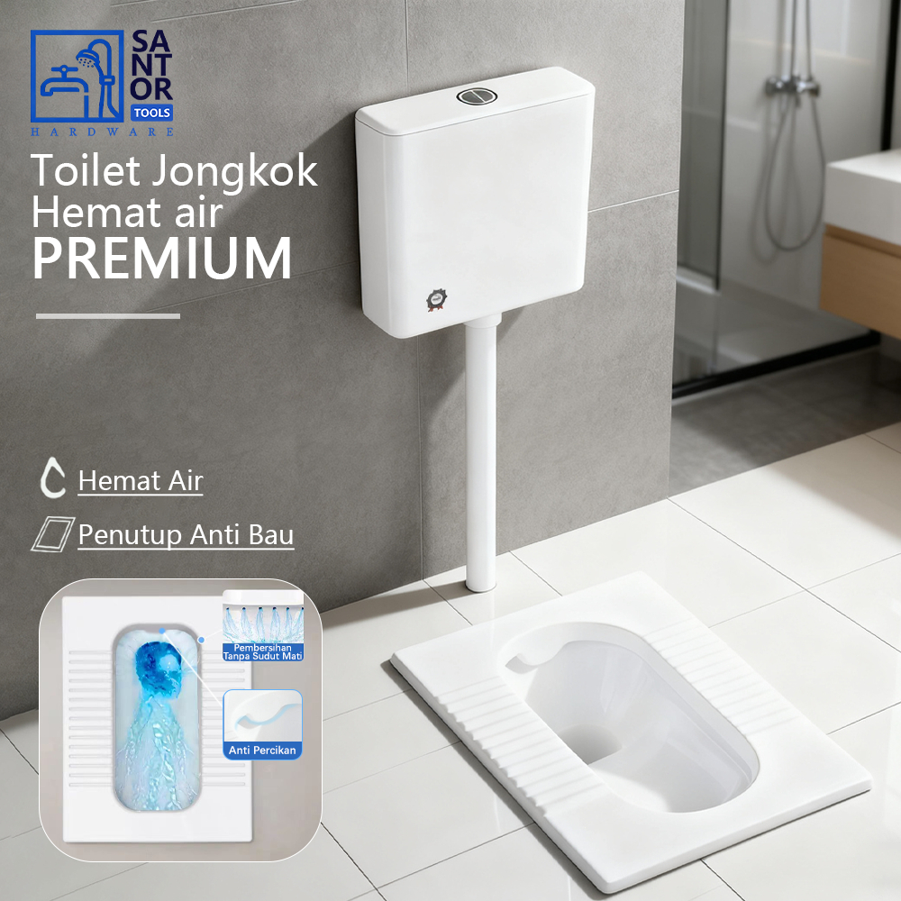 Santor tools - SET Toilet / Kloset Jongkok Tidal with Flush ClosetKloset Jongkok BahanKeramik Warna Putih Toilet Jongkok Hemat Air AntiBau Anti slip Rak Kamar Mandi Murah