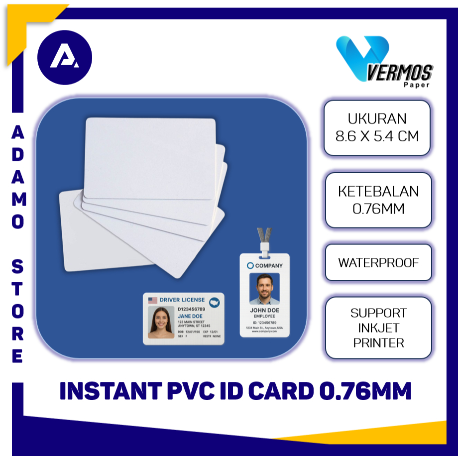 Jual PVC ID Card Instant 0,76mm Vermos 8.6 x 5.4 cm Instant Super White ...