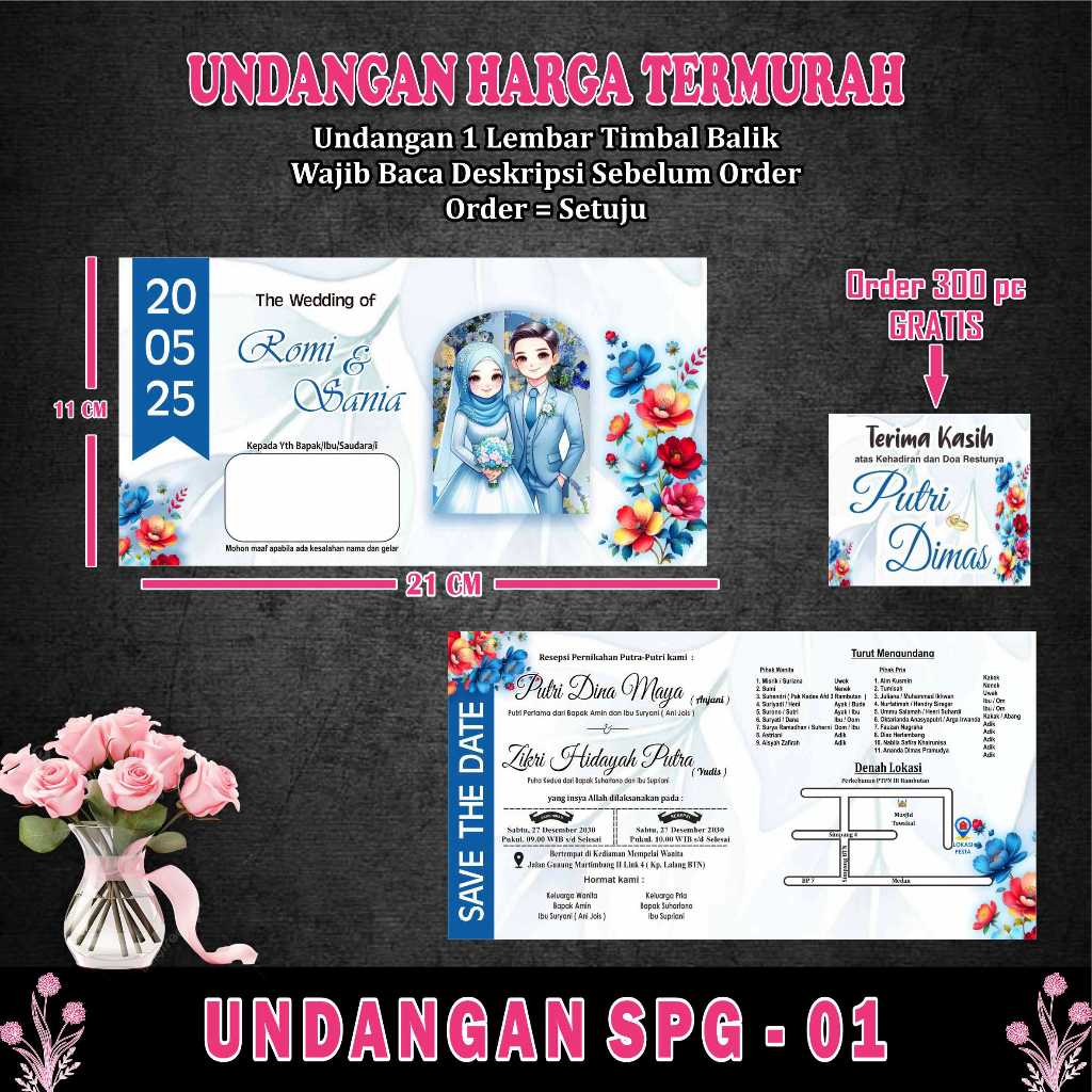 Undangan Pernikahan 1 Lembar Murah, Cantik, Elegant, Simpel, Vintage, Rustik