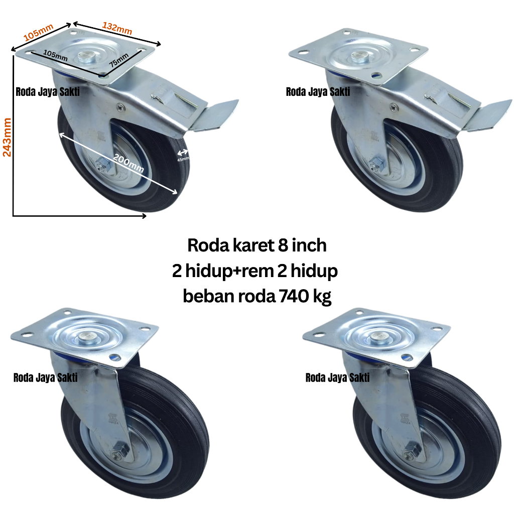 Jual Roda troli karet RRT 8 inch 2 hidup+rem & 2 hidup beban roda 740 ...